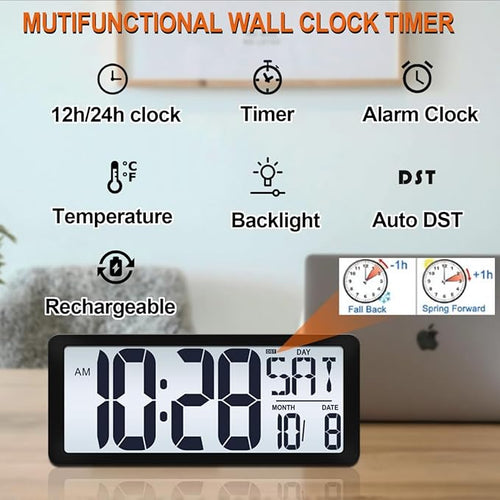 15 Inch Large Rechargeable Digital LCD Wall Clock with Backlight Glow in the Dark,Night Light Wall Clock with Week,Date & Temperature,DST,Alarm Display for Living Room, Bedroom, Gift for Elderly