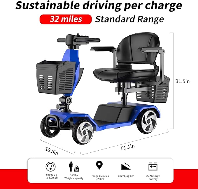 Heavy Duty Wheel Mobility Scooters for Seniors & Adults 350-400 lbs Capacity - 350W All Terrain Fast Mobility Scooter Long Range Power Extended Battery with Charger and Basket Included (Large X08)
