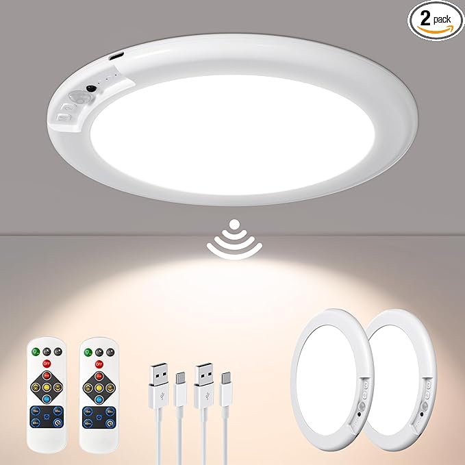 2 Pack Rechargeable Motion Sensor Closet Light, Wireless Ceiling Light Battery Operated Shower Light with Remote, Magnetic Dimmable Timing Motion Sensor Light for Shower Closet Bathroom