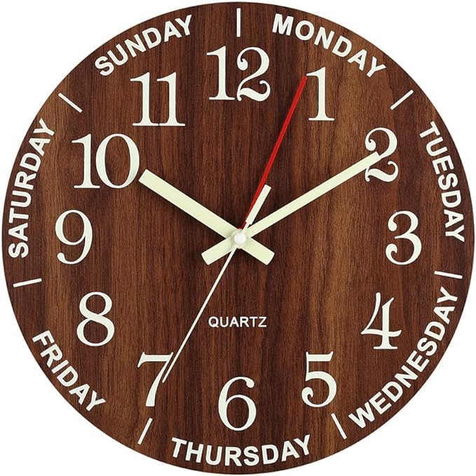 Wall Clock 10 Inch Brown Weekly Wall Clock Silent Battery Operated Luminous Hands Retirement Elderly Wooden Glow in The Dark Clock