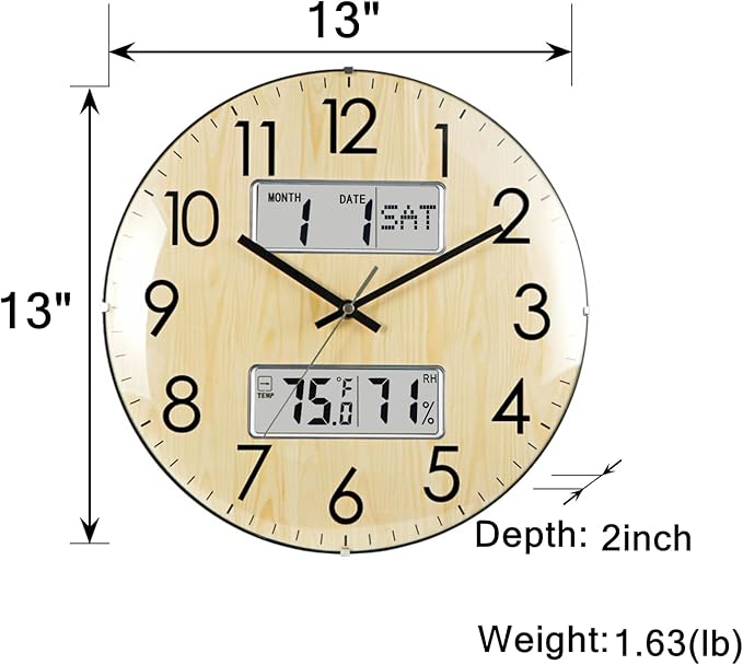 Nbdeal 13-Inch Analog Silent Wall Clock with Calendar Temperature & Humidity (Natural)