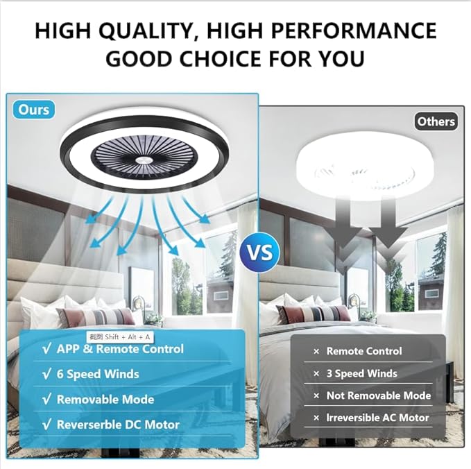 24" Low Profile Ceiling Fan with with Light, Bladeless Ceiling Fan with 3-Dimmable Light, Smart Flush Mount Ceilings Fans Lighting Remote & APP Control, 6 Speeds Timing Reversible, Black