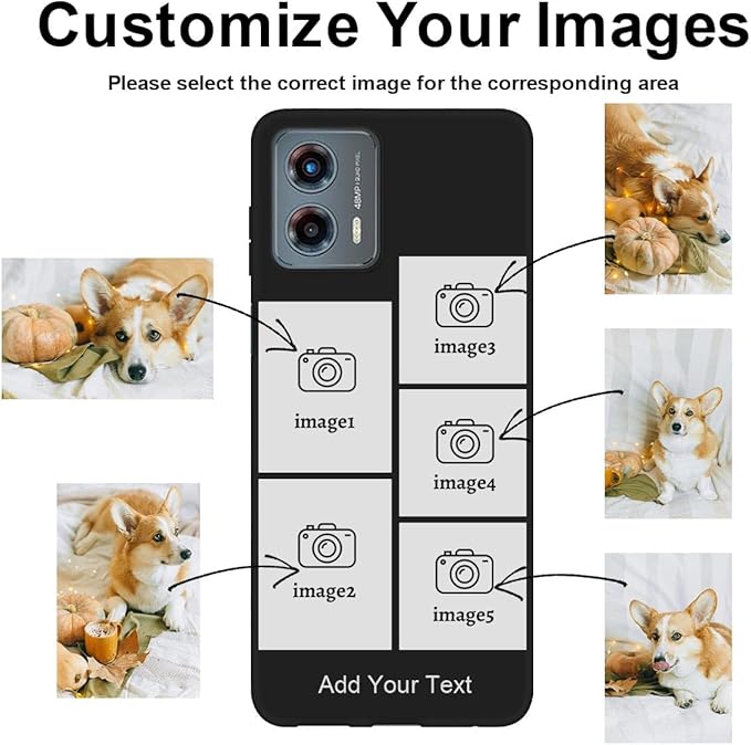 Personalized Picture Case for Motorola Moto G 5G 2023 Customized Name Initials Phone Cover, Custom Multi-Picture Collage Shock-Resistant Soft Protective TPU Case, Gifts for Mother's Day, Black