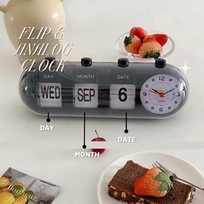 Flip Clock, Manual Jump Desktop Clocks with Date Retro Table Clock Non Ticking Calendar Alarm Clocks, Month, Day of Week Display(Black)