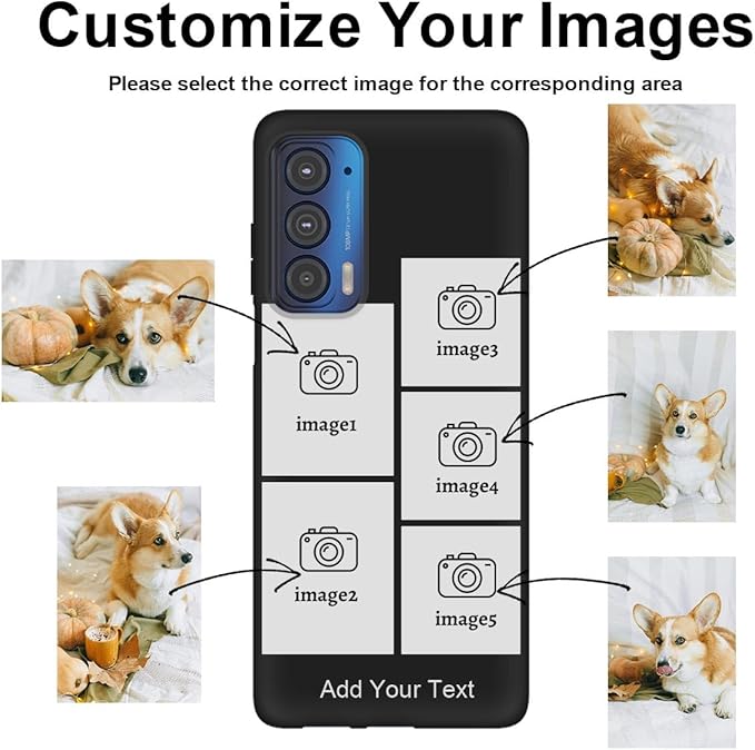 Personalized Picture Case for Motorola Moto Edge 2021 Customized Name Initials Phone Cover, Custom Multi-Picture Collage Shock-Resistant Soft Protective TPU Case, Gifts for Mother's Day, Black