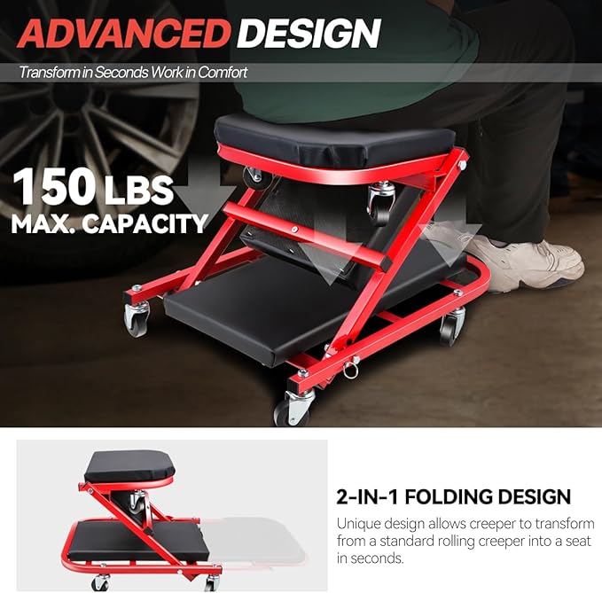 2-in-1 Foldable Rolling Z Creeper & Seat, 40" Low-Profile Roller Mechanics Under Car Chair 330 LBS Weight Capacity Garage Roller Creeper with 6 Swivel Casters