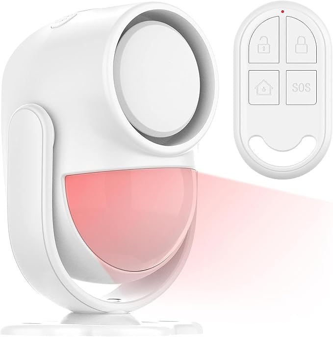 125dB Loud Motion Sensor Alarm with 328ft Remote Control (40ft PIR Detector, 3*AA Batteries), Indoor Wireless Infrared Security Motion Detector with Siren for Home/Shed, White