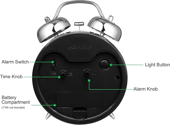 AYRELY Super Loud Alarm Clock for Heavy Sleepers Adults,Twin Bell Retro 4 Inch Silent Non-Ticking Quartz with Backlight, Metal dial, Alarm Clocks for Bedrooms Bedside (Black)
