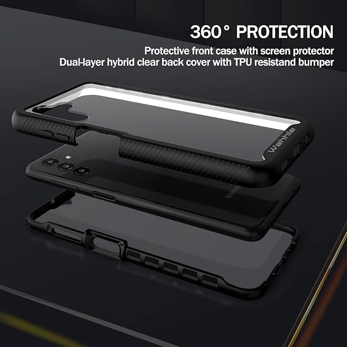wahhle Compatible with Samsung Galaxy A13 5G Case, Built in Screen Protector Full Body Shockproof Slim Fit Bumper Protective Phone Cover for Samsung A13 5G 6.5 Inch Men Women-Black/Clear