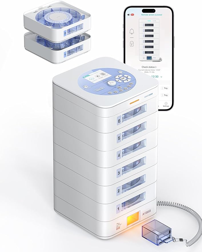 84-Day Automatic Pill Dispenser 6-Tray LCD Display Digital Lock Sound Light Alerts for Seniors