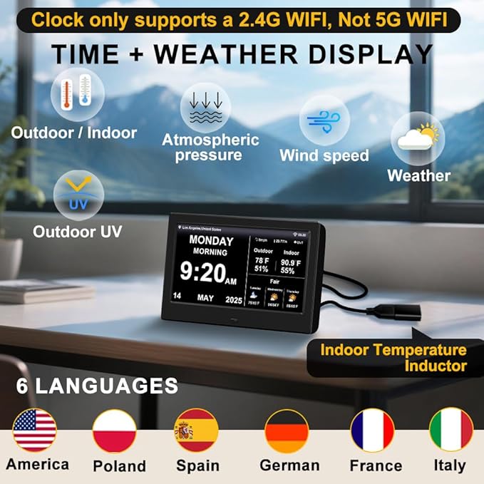 Digtial Calendar Clock with Day and Date Alarm Clock with Weather Temperature Humidify Dementia Alzheimers Elderly Auto Dimmable 8 Alarm Options (Black,7in Weather Clock)