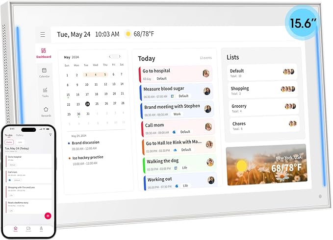 Moonka 15.6" Wall Planner Digital Calendar & Chore Chart with LED Reminder Light, Smart Full HD Touchscreen Interactive Display for Family Schedules, Meal Planner, To Do List, Great for Organizing Your 2026 Calendar