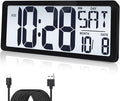 15 Inch Large Rechargeable Digital LCD Wall Clock with Backlight Glow in the Dark,Night Light Wall Clock with Week,Date & Temperature,DST,Alarm Display for Living Room, Bedroom, Gift for Elderly