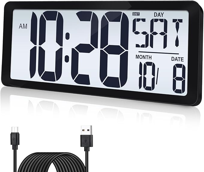 15 Inch Large Rechargeable Digital LCD Wall Clock with Backlight Glow in the Dark,Night Light Wall Clock with Week,Date & Temperature,DST,Alarm Display for Living Room, Bedroom, Gift for Elderly