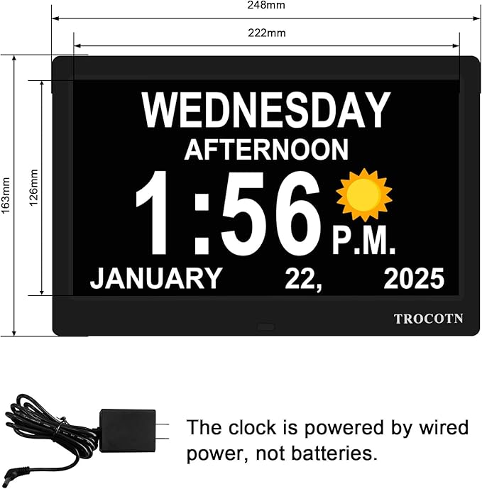 TROCOTN Dementia Clocks, Large Display Calendar Alarm Clock with Auto DST for Seniors, 5 Display Modes Large Font Digital Clock with Custom Alarms Day Date Clocks. (10 Inch Black)