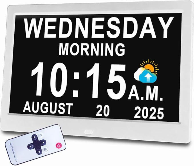 【Upgraded】11.5" Large Digtal Clock with Voice-Talking Day and Date for Seniors, Auto DST, 27 Alarms & Auto Dimmable, Non-Abbreviated Talking Clock for Elderly Dementia Alzheimers- White with Remote