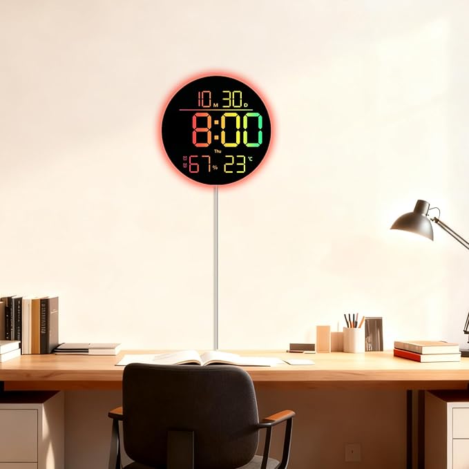 JENLYSTIME 10 Inch LED Digital Wall Clock with RGB Backlight and Countdown Timer｜11 Colors, Dual Alarm, Adjustable Brightness, Temperature & Humidity Display, Modern Silent Clock for Home, Office