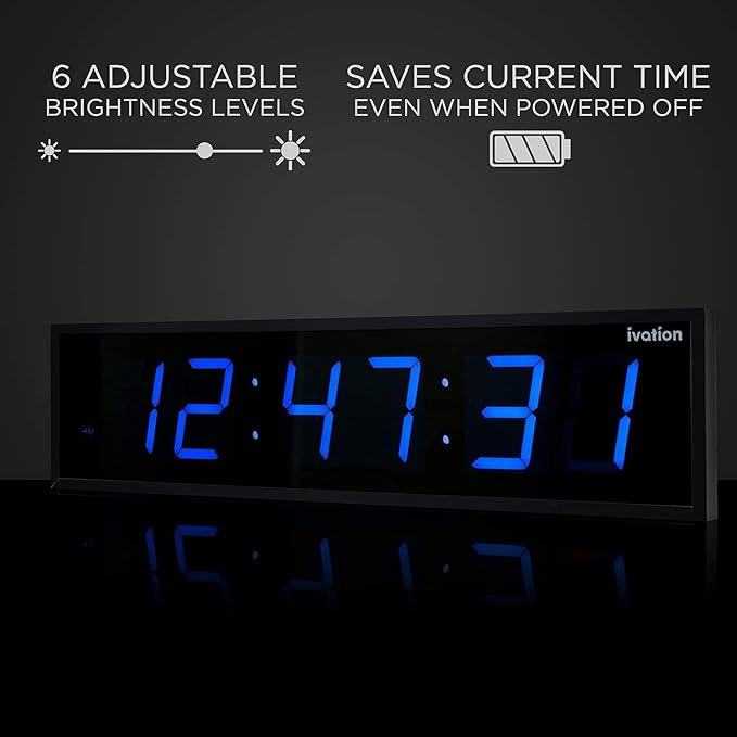 Ivation Oversized Large Digital Wall Clock - Big LED Digital Clock w/Large Display & Durable Aluminum Frame, Shelf or Wall Mount (36 Inch - Blue) 6 Brightness Levels | Time Memory | Remote