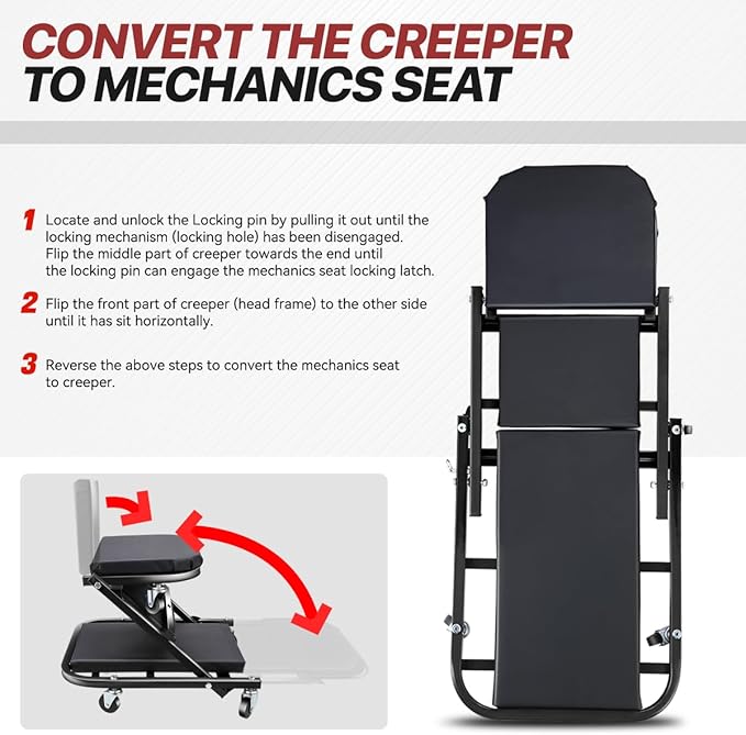 Foldable Creeper, 2-in-1 Rolling Garage Z Creeper Car & Seat, 40" Roller Mechanics Under Car Chair, 330 LBS Weight Capacity Heavy Duty, Black