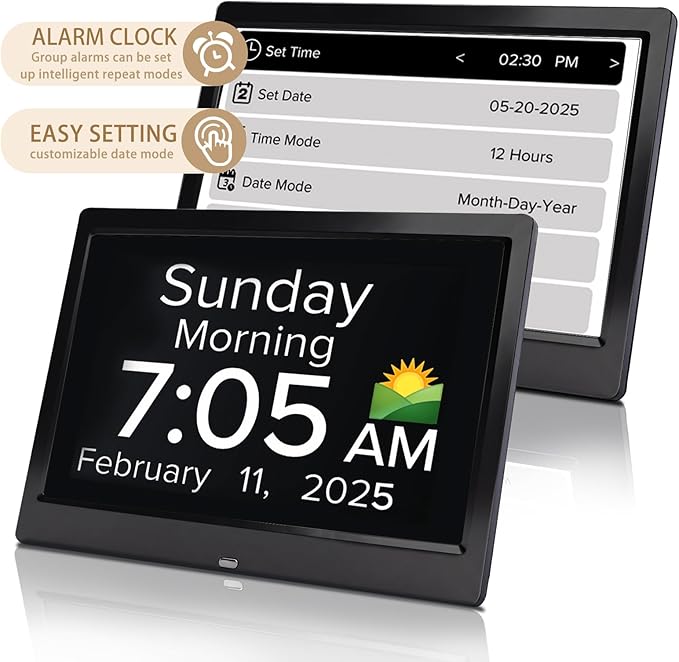 10.1 Inch Digital Alarm Clock with Date and Day of The Week for Dementia Seniors, Multiple Alarm Types Sets,Voice Announcement Time, Auto DST, Gifts for Elderly People
