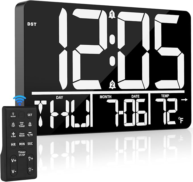 PERSUPER 13" Digital Wall Clock Large Display with Remote, 25 Ringtones, Temperature, Calendar, 0-100% Auto or Custom Brightness, 12/24H, DST, Timer, for Living Room, Kitchen, Bedroom, Office, Elderly
