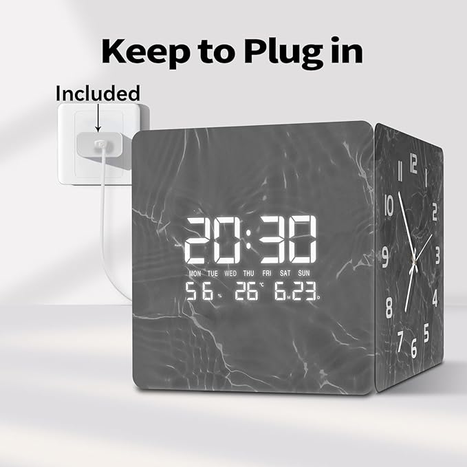 12'' Double Sided 90° Corner Wall Clock, Gray Water Ripple, Radar Motion Activated, Analog & LED Display with Temp Humidity Date Day, Silent Non-Ticking Plug-in for Living Room Kitchen