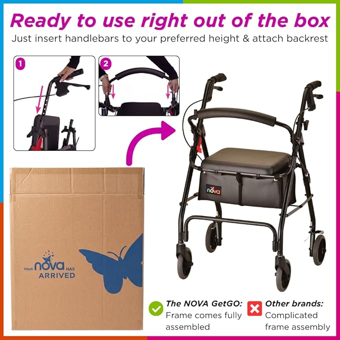 NOVA GetGo Classic Rollator Walker for Seniors, Lightweight Folding Rolling Walker with Wheels, Lock N Load for Easy Transport & Storage, Adjustable Height 5'4"–6'1", Black