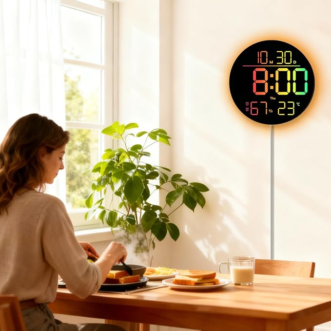 10-Inch RGB LED Digital Wall Clock with Temperature, Humidity, and Date Display｜Dual Alarms, Countdown Timer, 11 Backlight Colors, Auto Brightness, Silent Operation｜Modern Decor for Home&Office