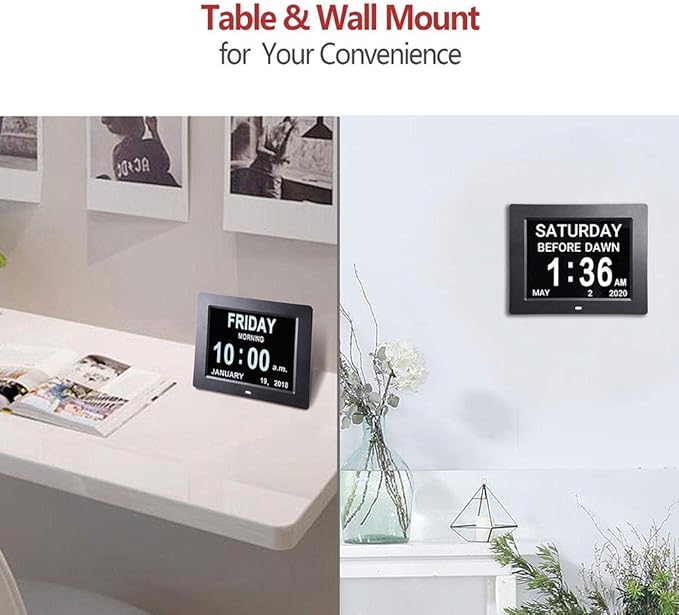 Yescom 8 Inch Large Digital Calendar LCD Day Clock for Elderly, 8 Alarms Options Dimmable Dementia Clock for Seniors Day & Date w/Large Number,Easy to Read, Home Wall Table Black