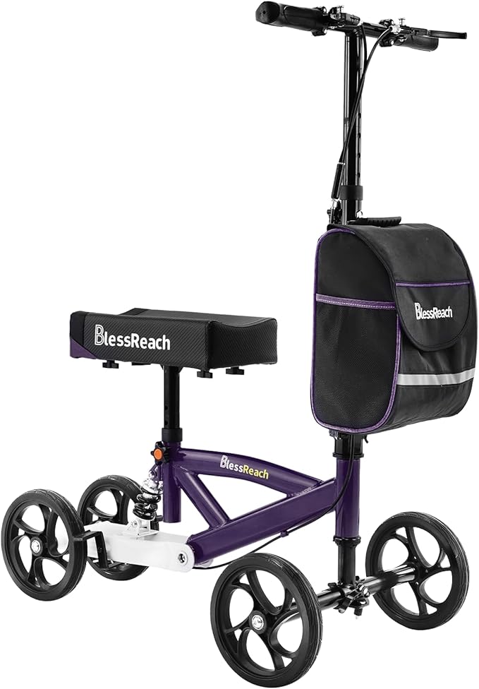 BlessReach Steerable Knee Walker Deluxe Medical Scooter for Foot Injuries Compact Crutches, with Dual Rear on-Wheel Brake and Shock Absorption Under The Knee pad（Purple）