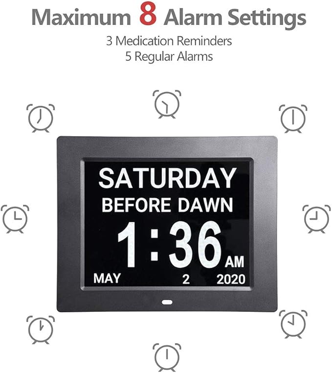 8 Inch LCD Digital Calendar Day Clock, Dementia Large Clock with 8 Alarm Settings Adjustable Brightness, High Resolution Alarm Clock for Seniors (Black)