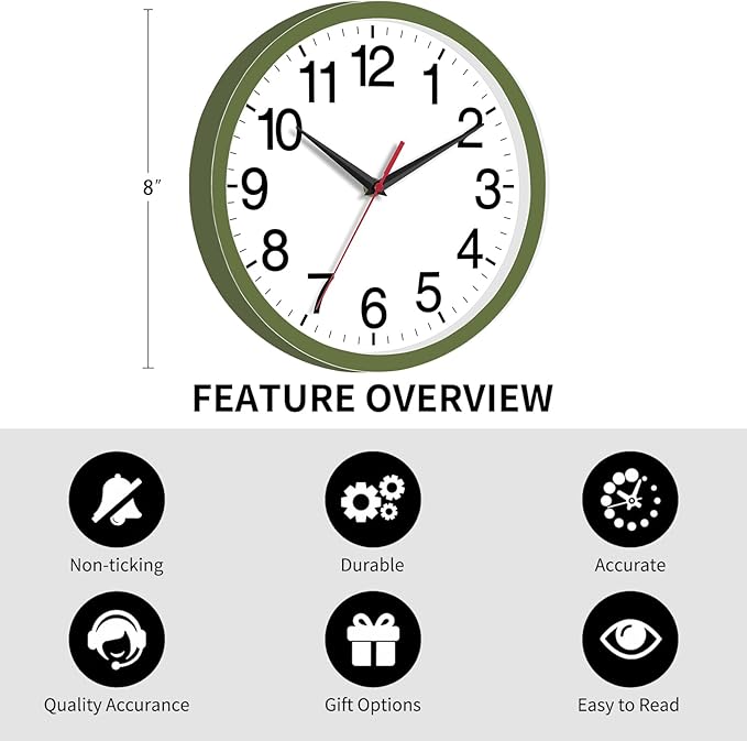 Rohioue Wall Clock Modern 8 Inch Battery Operated Silent Non Ticking Small Analog Clock Decorative for Bedroom Kitchen Bathroom Office Home (Olive Green)
