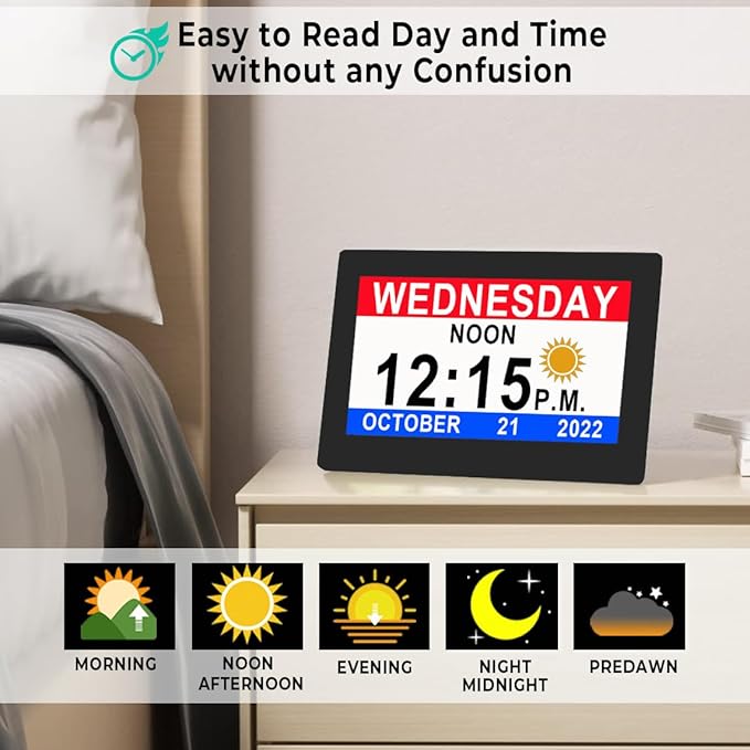 MASSII 7" Black +7" White Digital Clock with Auto DST and 20 Alarms Custom Reminders, Non-Abbreviated Calendar Day Date Clock for Seniors Dementia Alzheimers'