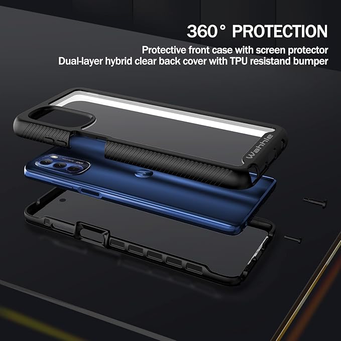 Wahhle Moto G Stylus 2022 4G Case - Built-In Screen Protector, Full Body Shockproof, Slim Fit Bumper, Black/Clear