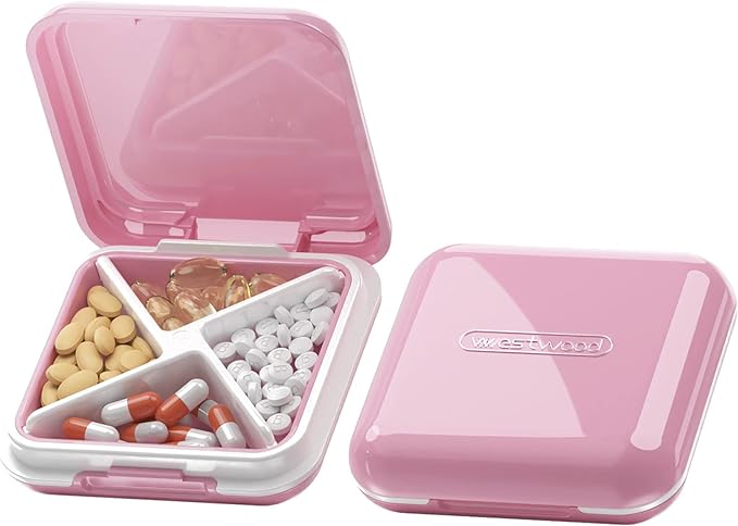 DUBSTAR Small Pill Box for Purse, Moisture Waterproof Travel Pill Case with 4 Compartments, Daily Pill Organizer for Vitamins & Medication (S-Pink)