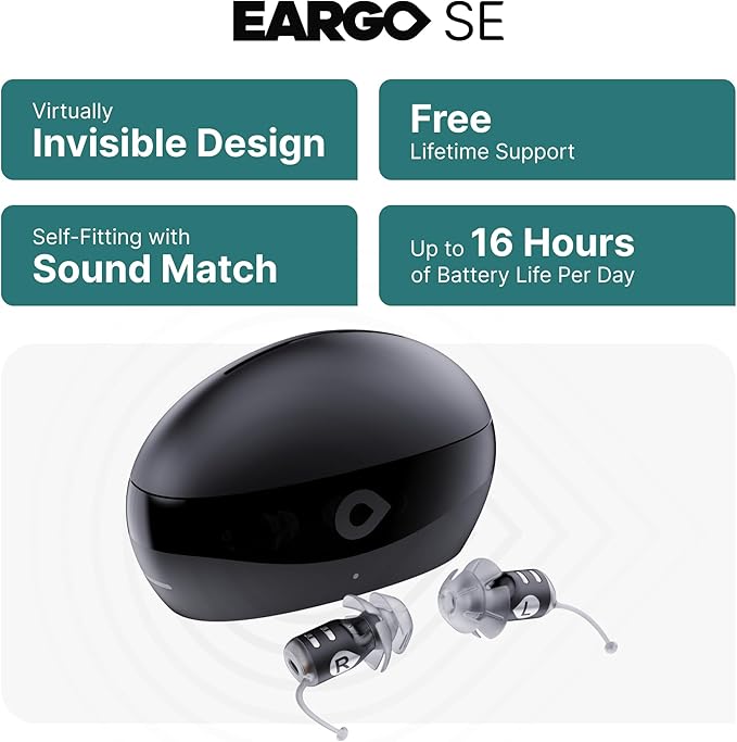 EARGO SE Self-Fitting FDA-Cleared OTC Hearing Aids Virtually Invisible Rechargeable for Seniors