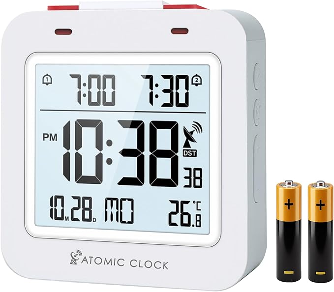 Small Digital Atomic Alarm Clock for Bedroom, 3.15 Inch Portable Travel Clock with Dual Alarms and Snooze, Indoor Temperature, 8s Backlight, Battery Included, White