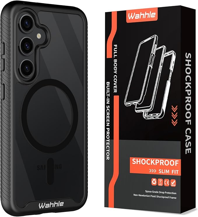 wahhle Compatible with Samsung Galaxy S24 Case, Magnetic Wireless Charging Built in Screen Protector Full Body Shockproof Slim Fit Bumper Protective Phone Cover for S24 5G 6.1'' -Black/Clear