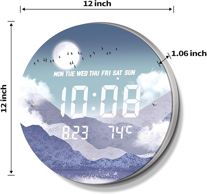 12'' Smart LED Wall Clock, Moonlight Cloudscape Art, Radar & Voice Activated, 7 Level Brightness Auto Dimming, Large Display with Temp Date Day, 12/24H, Rechargeable for Bedroom Living Room