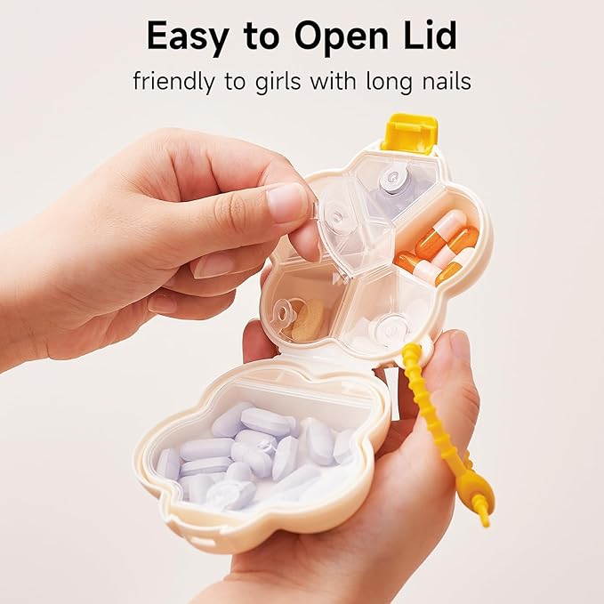 2 Pack Small Pill Organizer Travel Pill Case for Purse, 6 Compartment Pill Box with Stickers, Floral Smiley Weekly & Daily Vitamin Medication Organizer(Cream White)