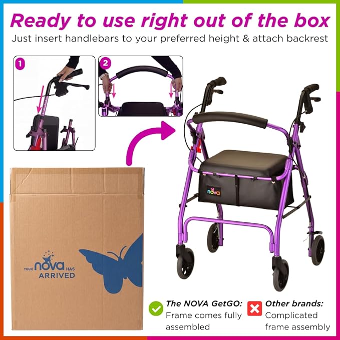 NOVA GetGo Classic Rollator Walker (Standard Size), Rolling Walker for Height 5'4" - 6'1", Seat Height is 22.25 Inch, Color Purple