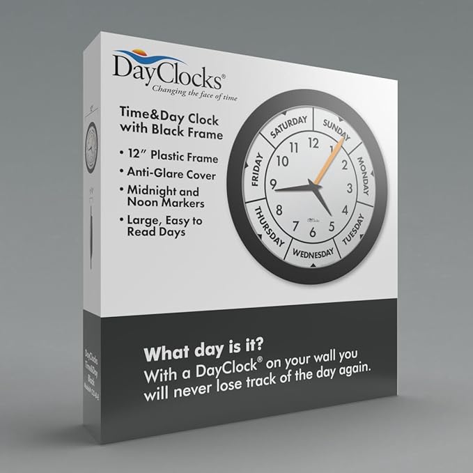 Time & Day of The Week Wall Clock with 12” Modern Black Frame – – Ideal Retirement Gift for Men and Women, Day Clock for Seniors and Retirees