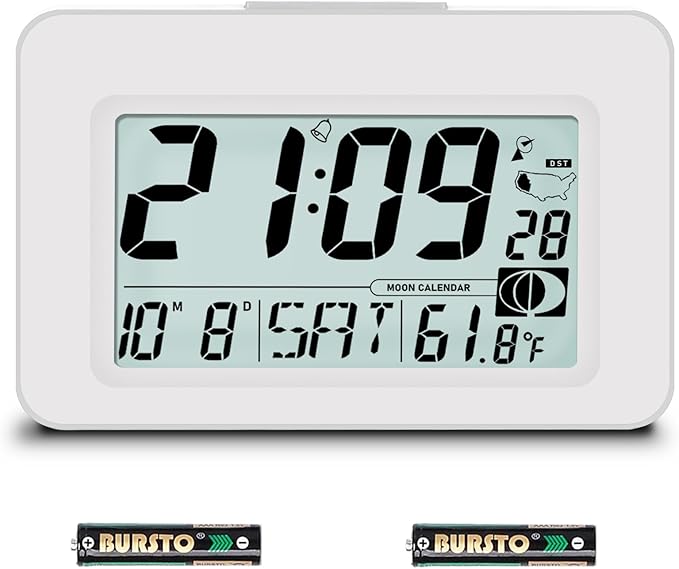 Handy Atomic Alarm Clock - 6'' Battery Operated Digital Clock with Seconds, Self-Setting, Auto Sync, DST, Selectable Time Zones,Portable Travel Desk Clock with 5s Touch Backlight for Bedroom（White)