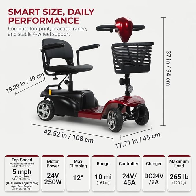 Mobility Scooter 4-Wheel for Seniors, Airport Approved, 264 Max Load Capacity, Portable Motorized Scooters Mobility Aid with Removable Seat, Detachable Front Basket & LED Headlights Red