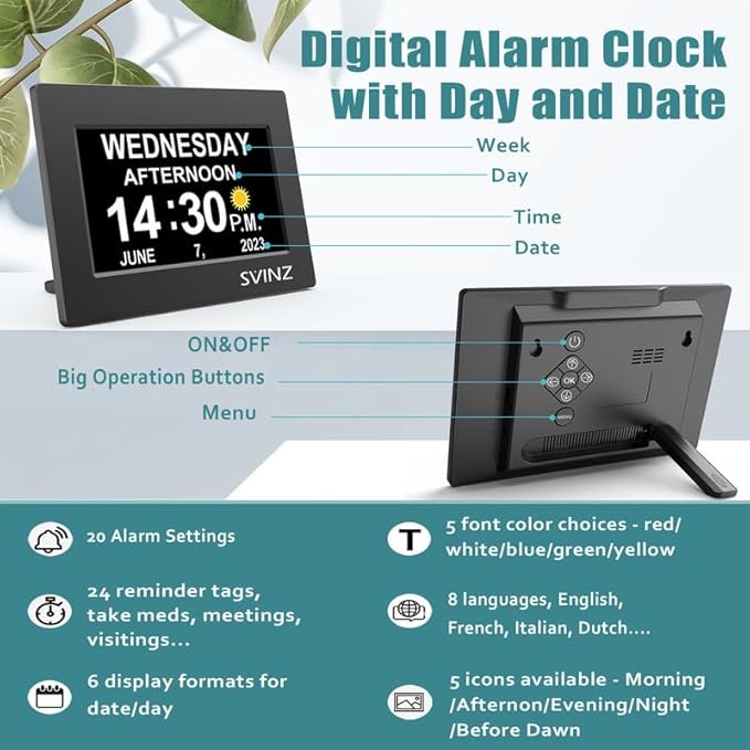SVINZ Dementia Clock for Seniors, Large Number Digital Calendar Clock with Date and Day of Week for Elderly Alzheimer, 20 Custom Alarms and Tags