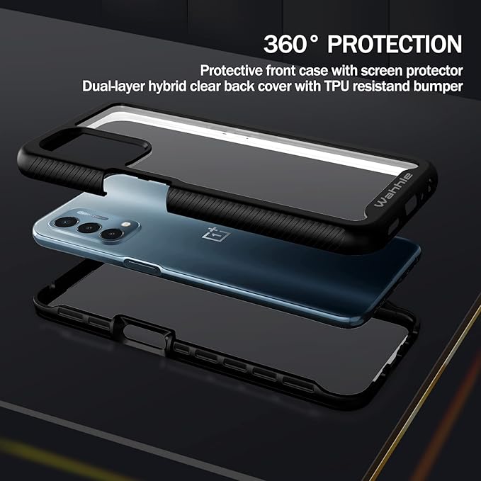 wahhle Oneplus Nord N200 5G Case, Built in Screen Protector Full Body Shockproof Slim Fit Bumper Protective Phone Cover for 1+ Nord N200 5G Men Women-Black/Clear