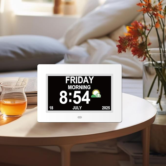 Digital Clock for Seniors with Day Date Time Large Display - 7 Inch Large Print Dementia Clock for Memory Loss and Visually Impaired, 12 Alarm Options, Non-Abbreviated, White