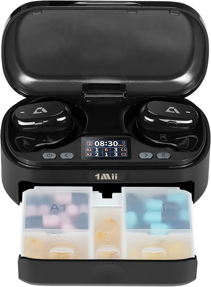 1Mii Smart Pill Dispenser with Alarm 5 Daily Reminders App Alerts Travel Pill Box with Bluetooth Headphones
