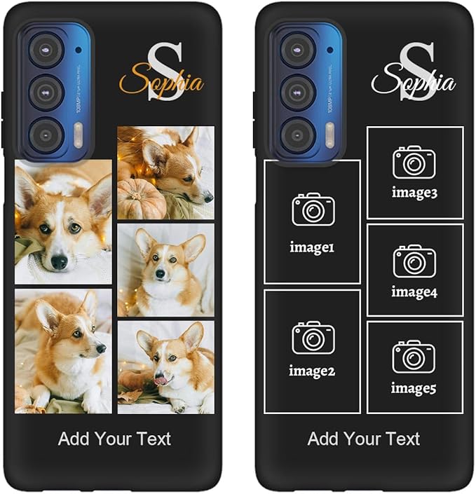 Personalized Picture Case for Motorola Moto Edge 2021 Customized Name Initials Phone Cover, Custom Multi-Picture Collage Shock-Resistant Soft Protective TPU Case, Gifts for Mother's Day, Black
