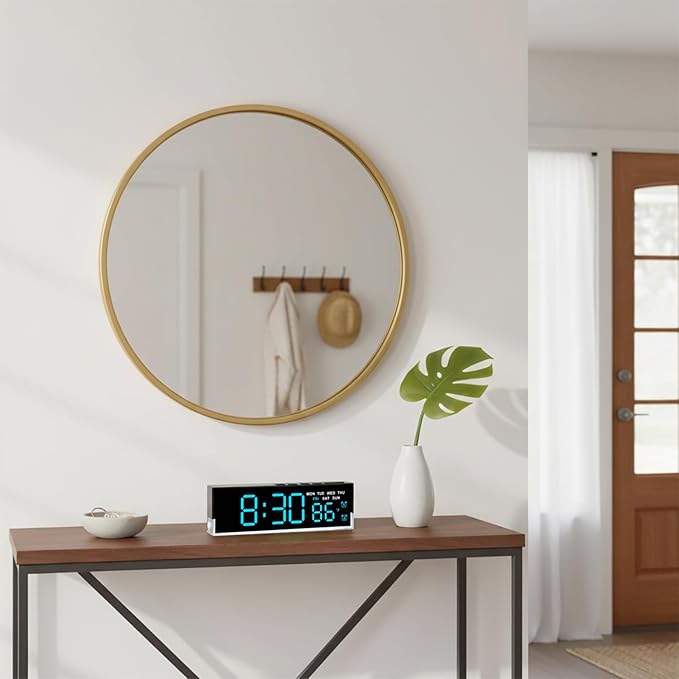 JENLYSTIME 7 Inch LED Digital Alarm Clock with Dual Alarms & Bottom Glow｜Displays Time, Date, Day, Temperature｜3-Level Auto/Manual Brightness, DST, USB or Battery Powered Modern Desk Clock (Blue)